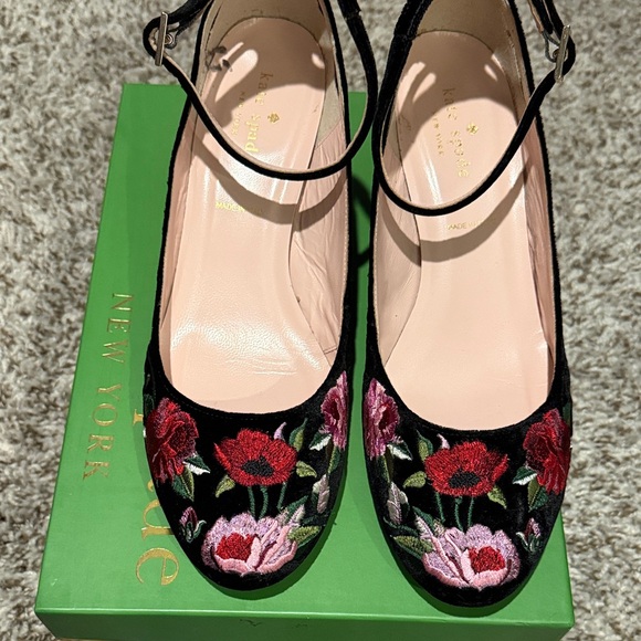 Floral Embroidered Black Velvet Kate Spade Women's Shoes - Picture 2 of 7